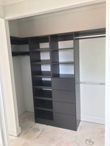 Built-In-Wardrobe-Laminex-Battalion-Colour-Board-Shelving-Bank-of-Drawers-Chrome-Hanging-Rods-2