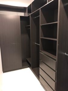 Built-In-Wardrobe-Polytec-Shannon-Oak-Colour-Board-Shelving-Banks-of-Drawers-Chrome-Hanging-Rods-2