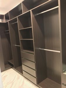 Built-In-Wardrobe-Polytec-Shannon-Oak-Colour-Board-Shelving-Banks-of-Drawers-Chrome-Hanging-Rods-3