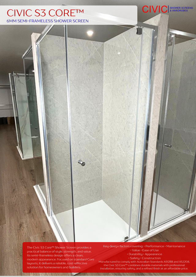 S3 Core: 6mm Semi-FramelessShower Screen